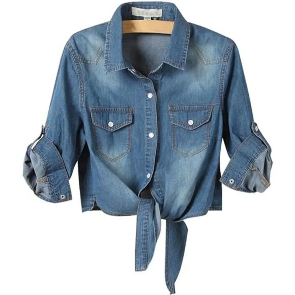 Women's Denim Crop Top Roll Up 3/4 Sleeve Shirt Tie Front Knot Chambra - Picture 7 of 7
